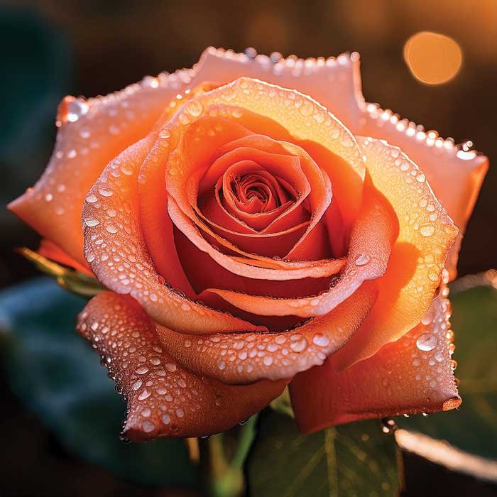 A photograph of a rose with dew drops glistening